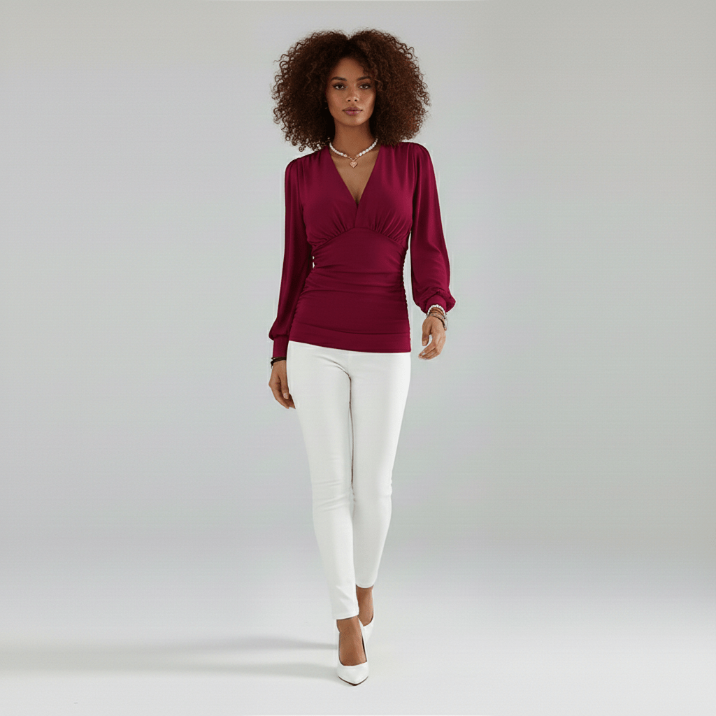 Constance Deep V-Neck Ruched Waist Blouse with Long Sleeves