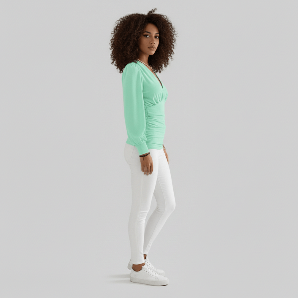 Constance Deep V-Neck Ruched Waist Blouse with Long Sleeves