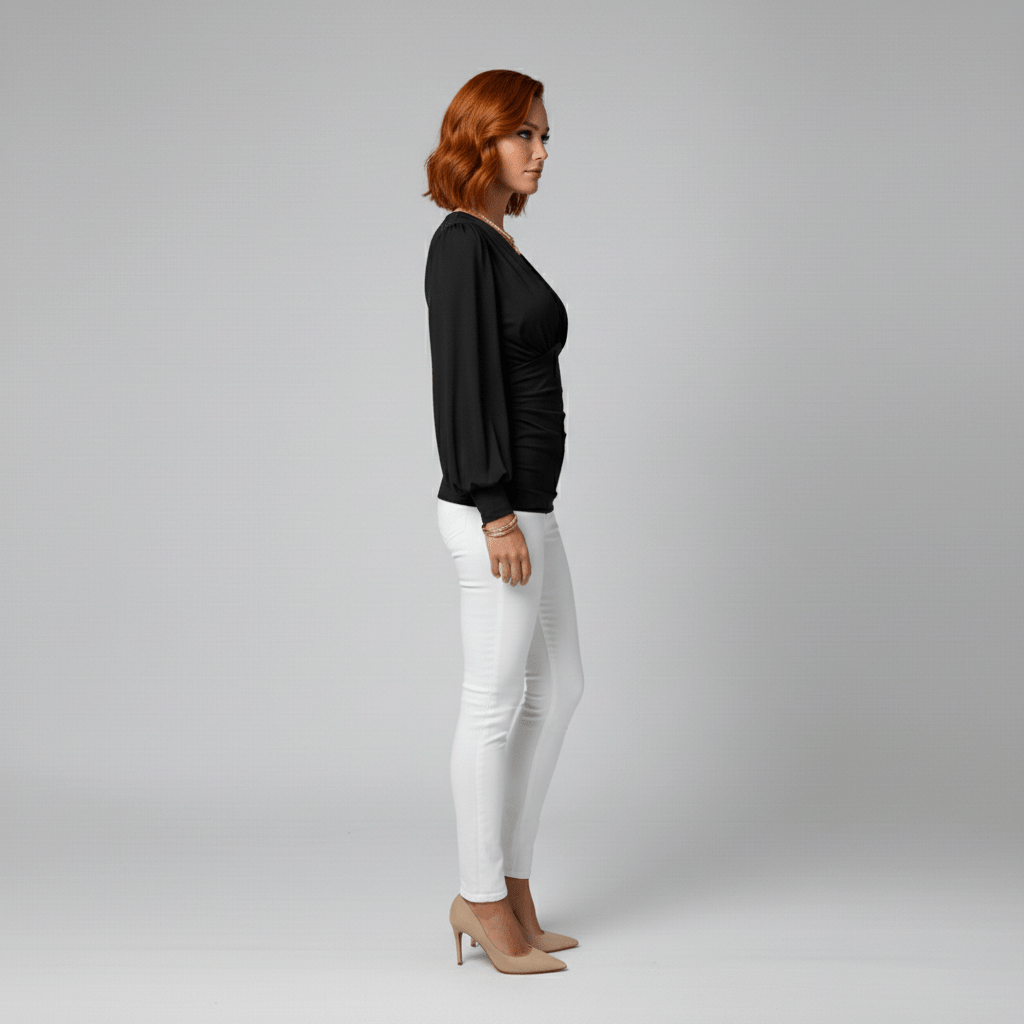 Constance Deep V-Neck Ruched Waist Blouse with Long Sleeves