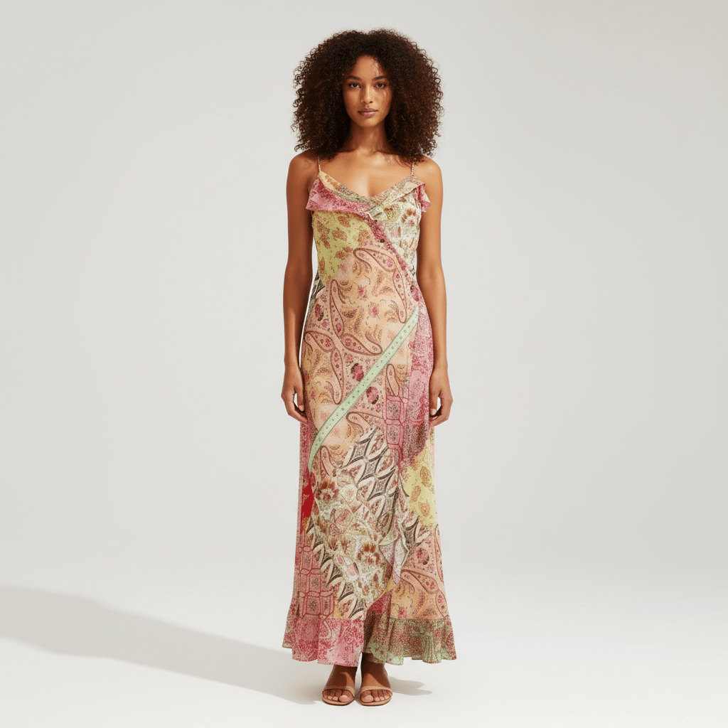 Crystal Spaghetti Strap Maxi Dress with Paisley Print - Multicolor