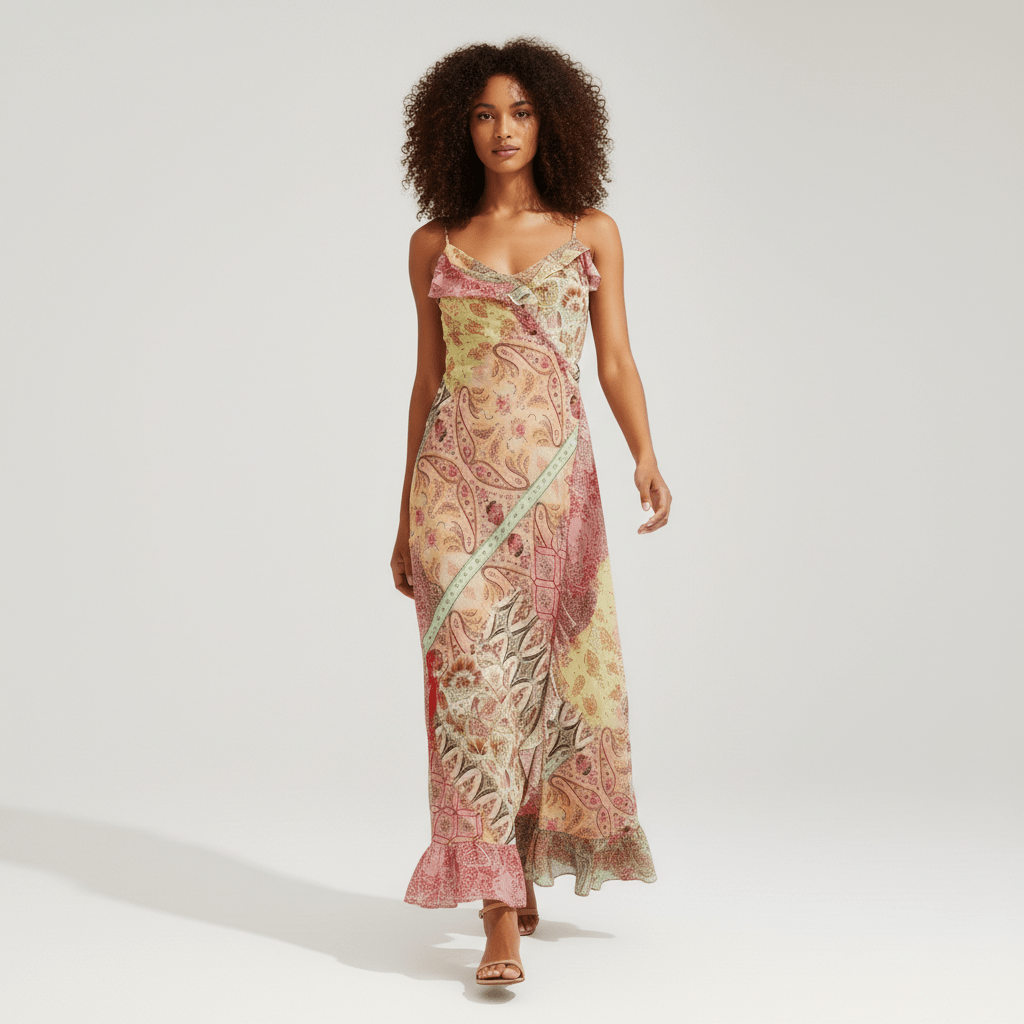 Crystal Spaghetti Strap Maxi Dress with Paisley Print