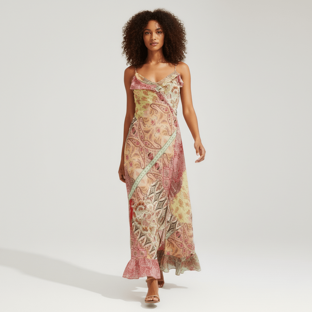 Crystal Spaghetti Strap Maxi Dress with Paisley Print