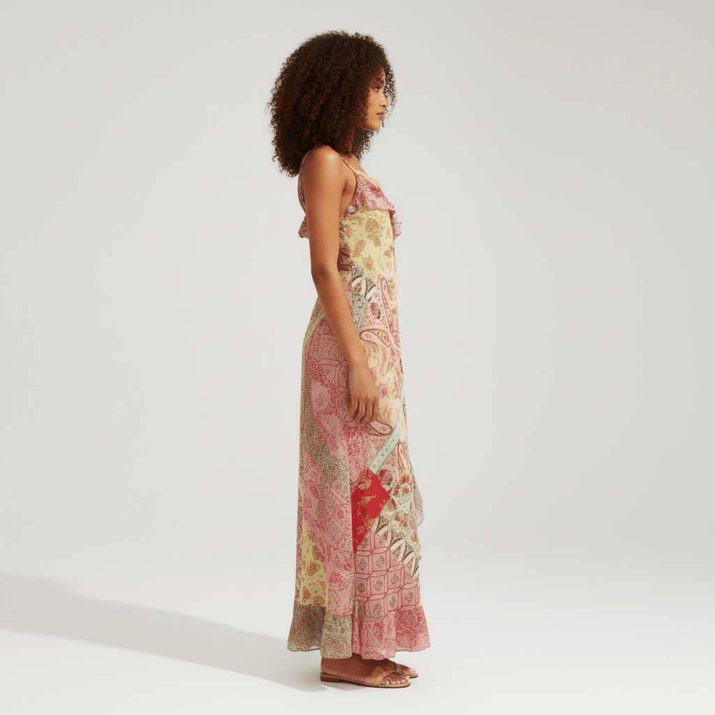 Crystal Spaghetti Strap Maxi Dress with Paisley Print