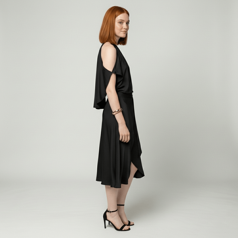 Daisy Midi Dress with Cold Shoulder Cut-Out and Wrap Skirt