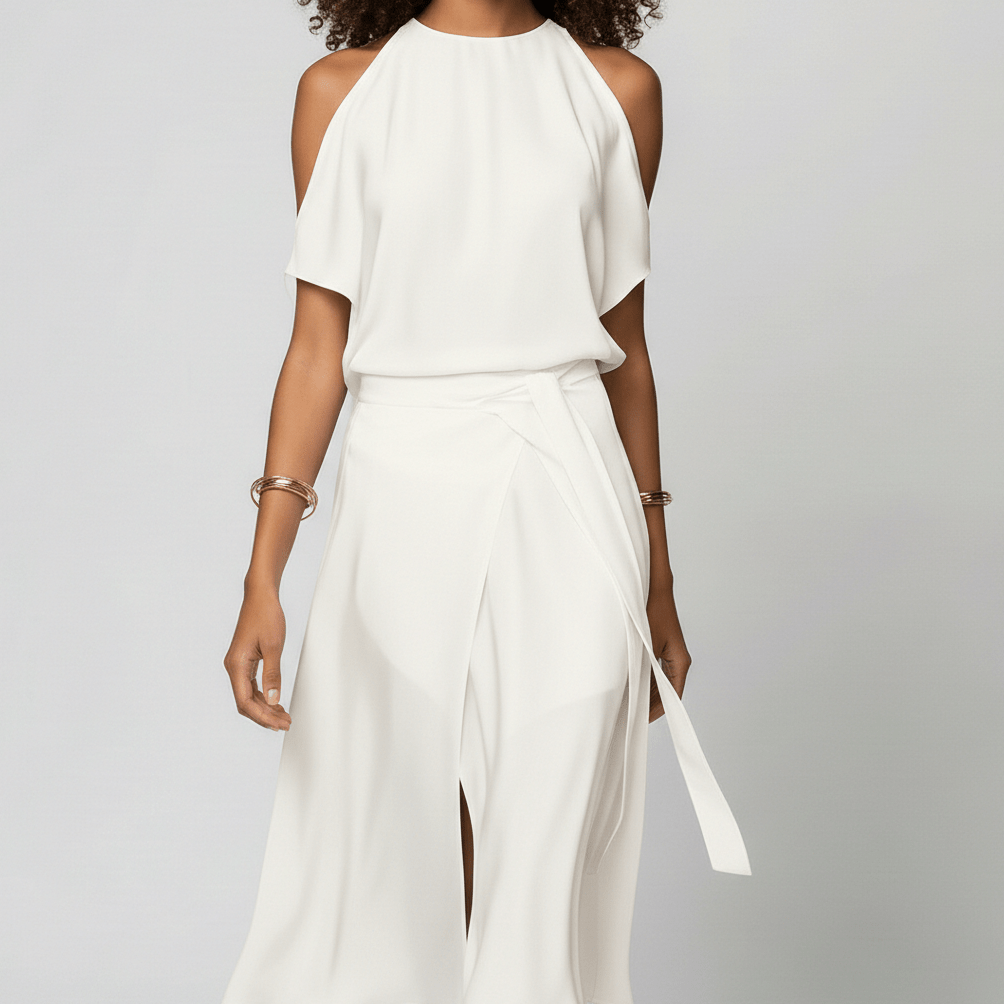 Daisy Midi Dress with Cold Shoulder Cut-Out and Wrap Skirt - Pure White