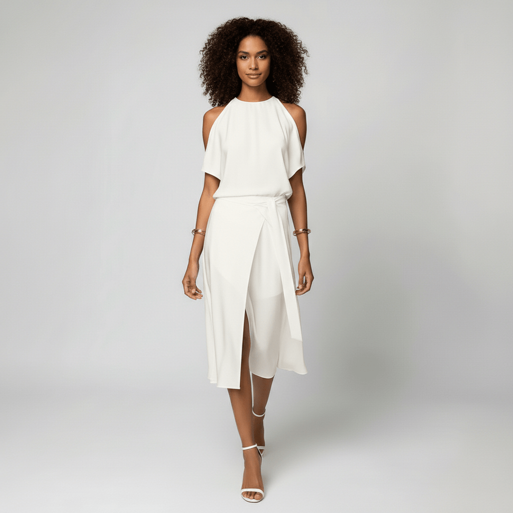 Daisy Midi Dress with Cold Shoulder Cut-Out and Wrap Skirt