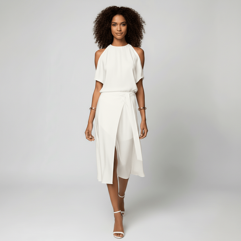 Daisy Midi Dress with Cold Shoulder Cut-Out and Wrap Skirt