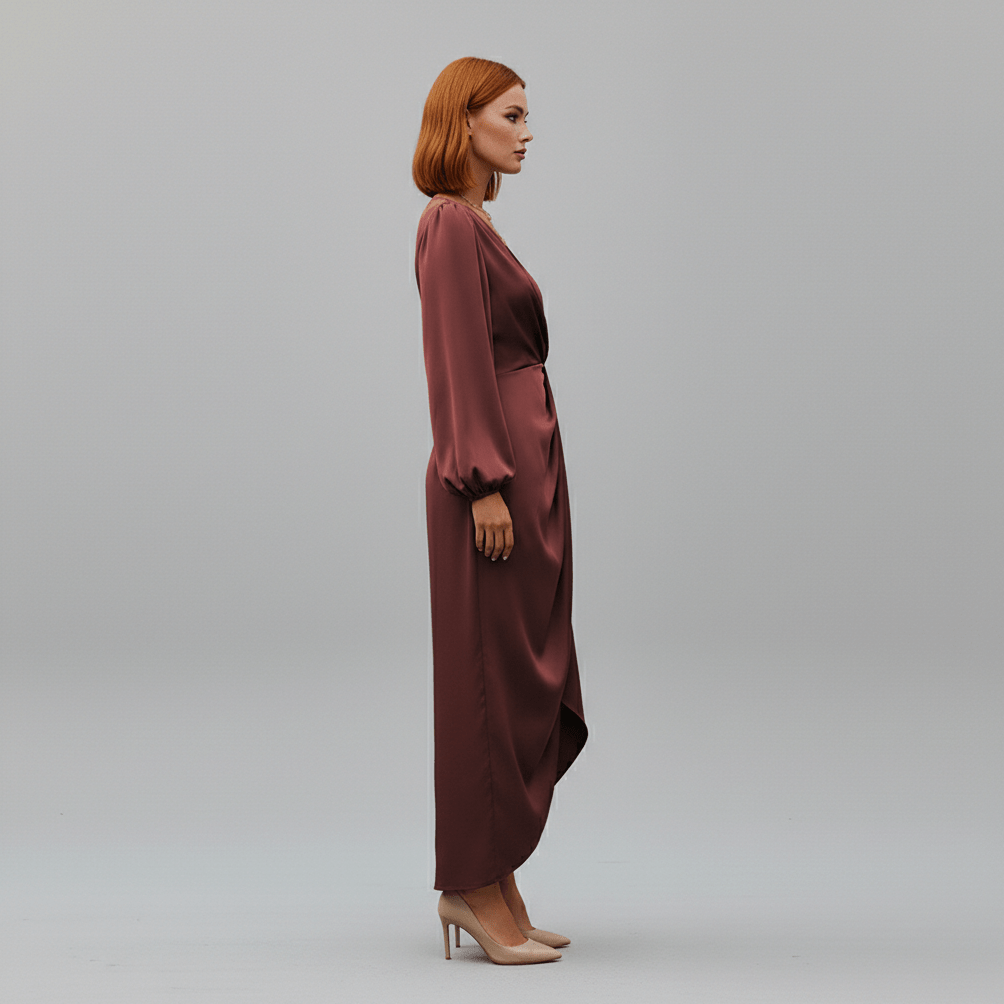 Dana Wine Red Wrap Style Midi Dress with Long Sleeves