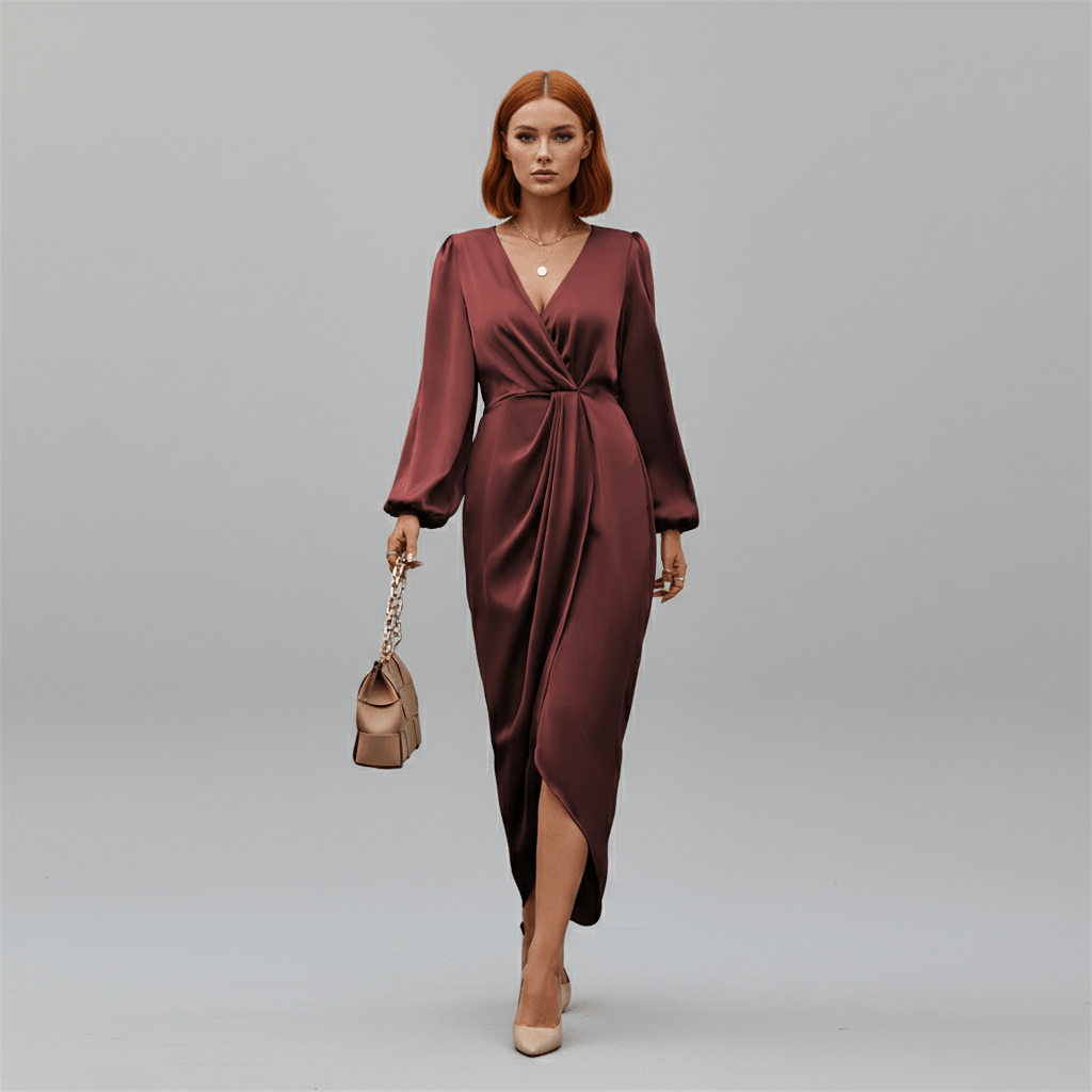 Dana Wine Red Wrap Style Midi Dress with Long Sleeves