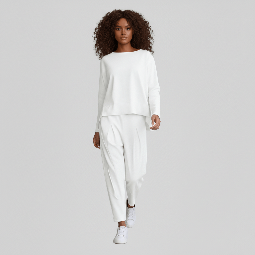 Delphine Two Piece Set with Round Neck Top and Tapered Pants - Crisp White