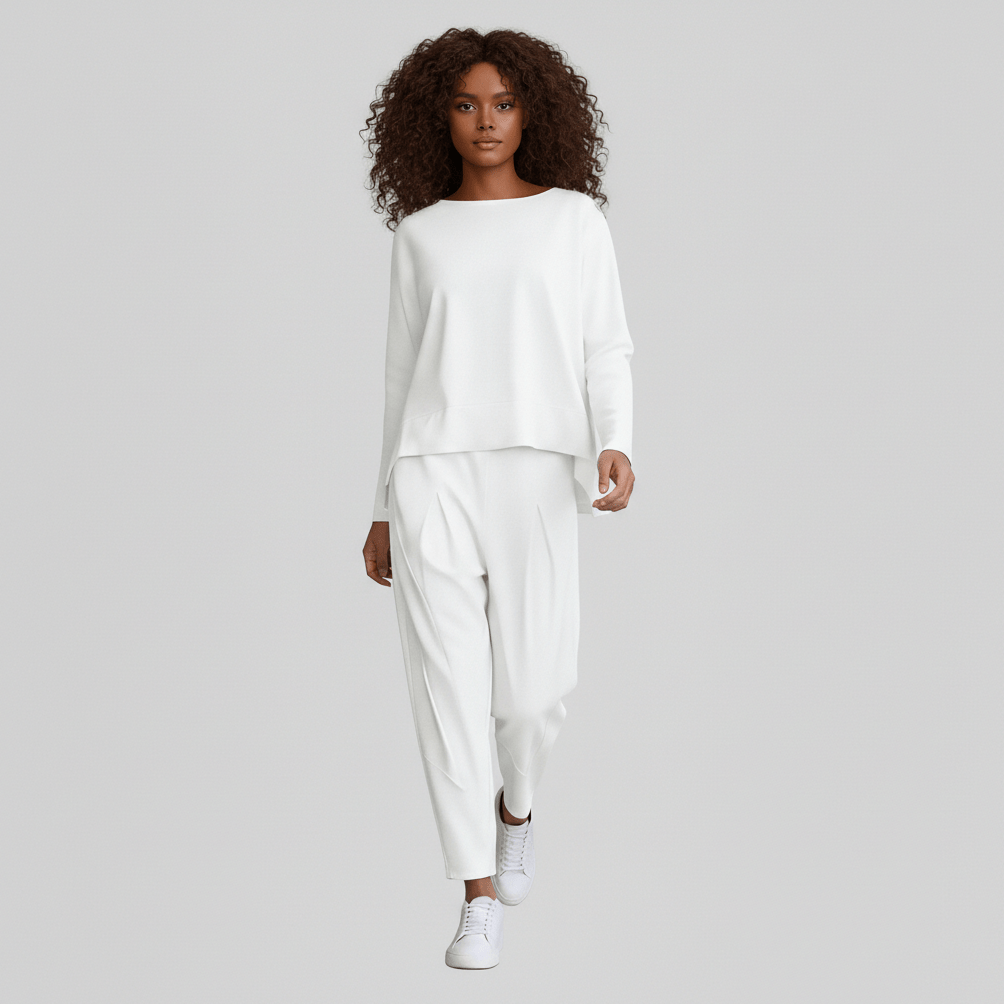 Delphine Two Piece Set with Round Neck Top and Tapered Pants - Crisp White