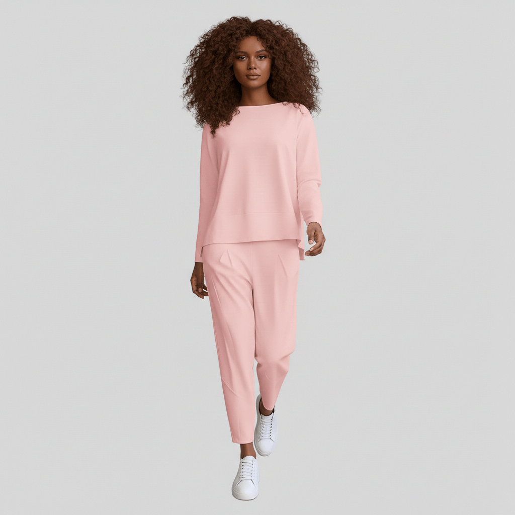 Delphine Two Piece Set with Round Neck Top and Tapered Pants - Rose Pink
