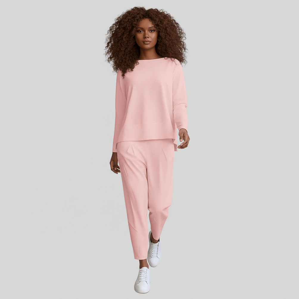 Delphine Two Piece Set with Round Neck Top and Tapered Pants - Rose Pink