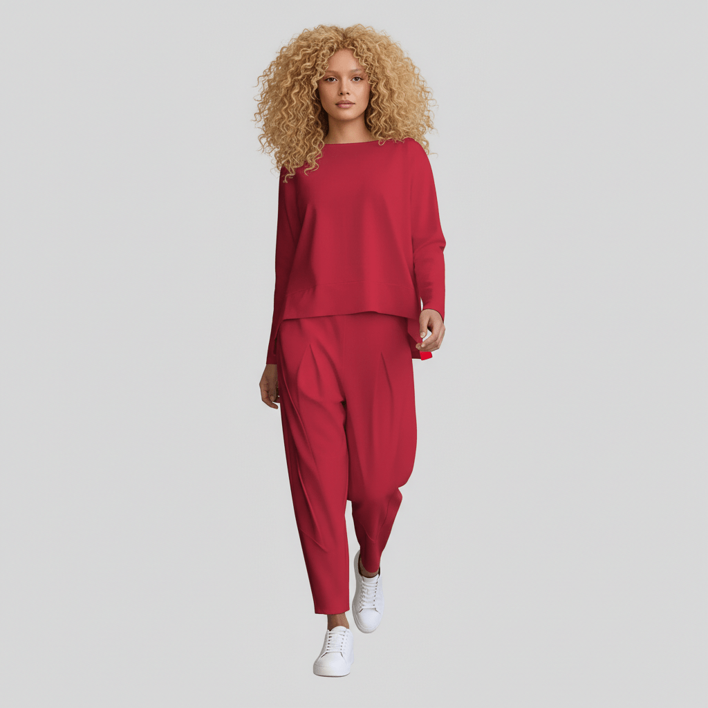 Delphine Two Piece Set with Round Neck Top and Tapered Pants - Cherry Red