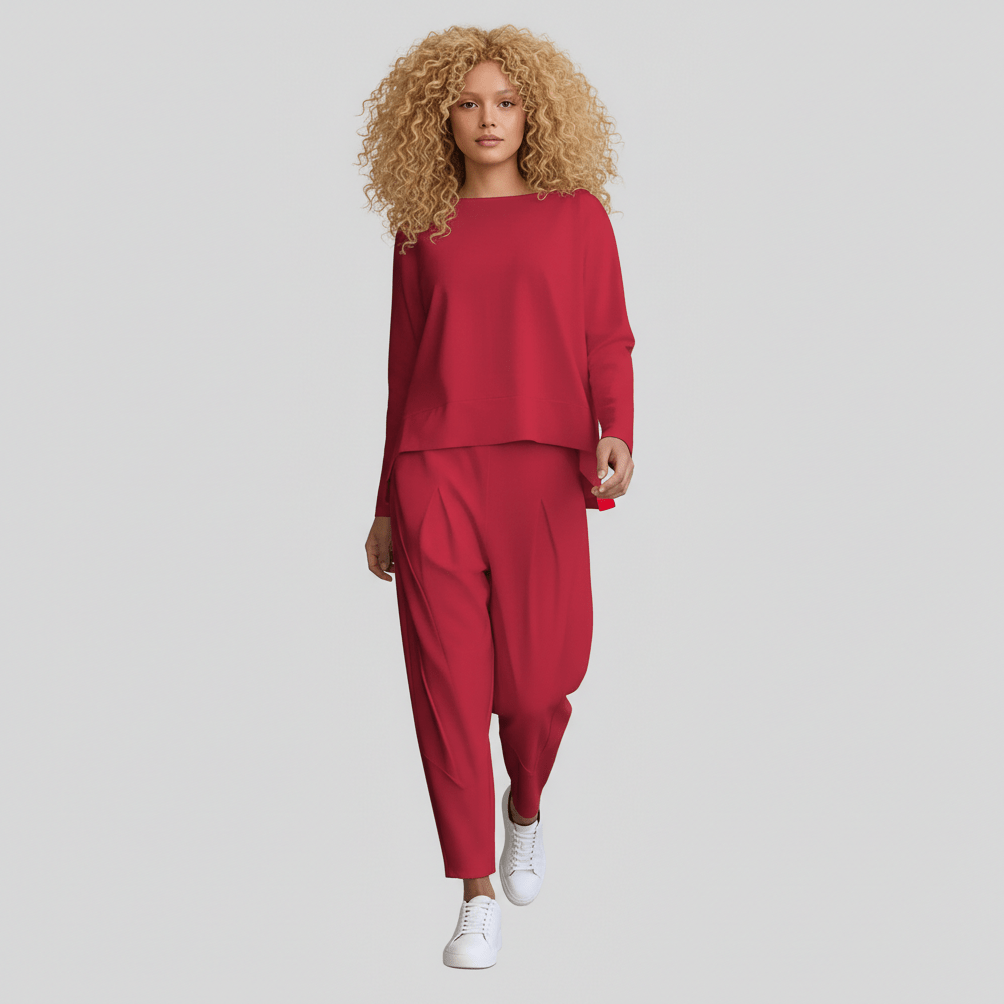 Delphine Two Piece Set with Round Neck Top and Tapered Pants - Cherry Red