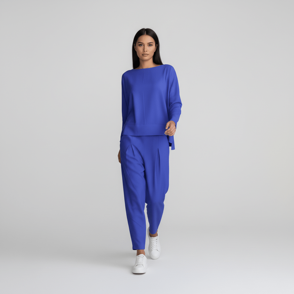 Delphine Two Piece Set with Round Neck Top and Tapered Pants - Royal Blue