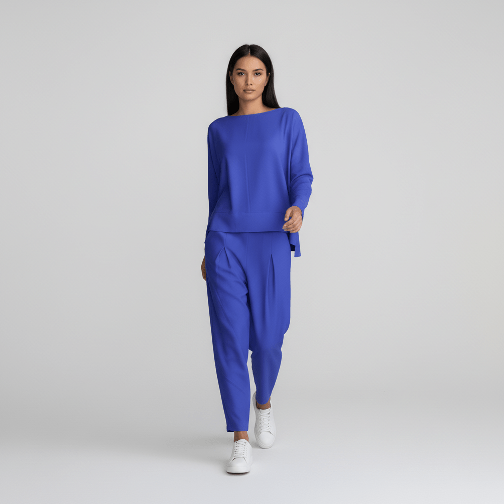 Delphine Two Piece Set with Round Neck Top and Tapered Pants - Royal Blue