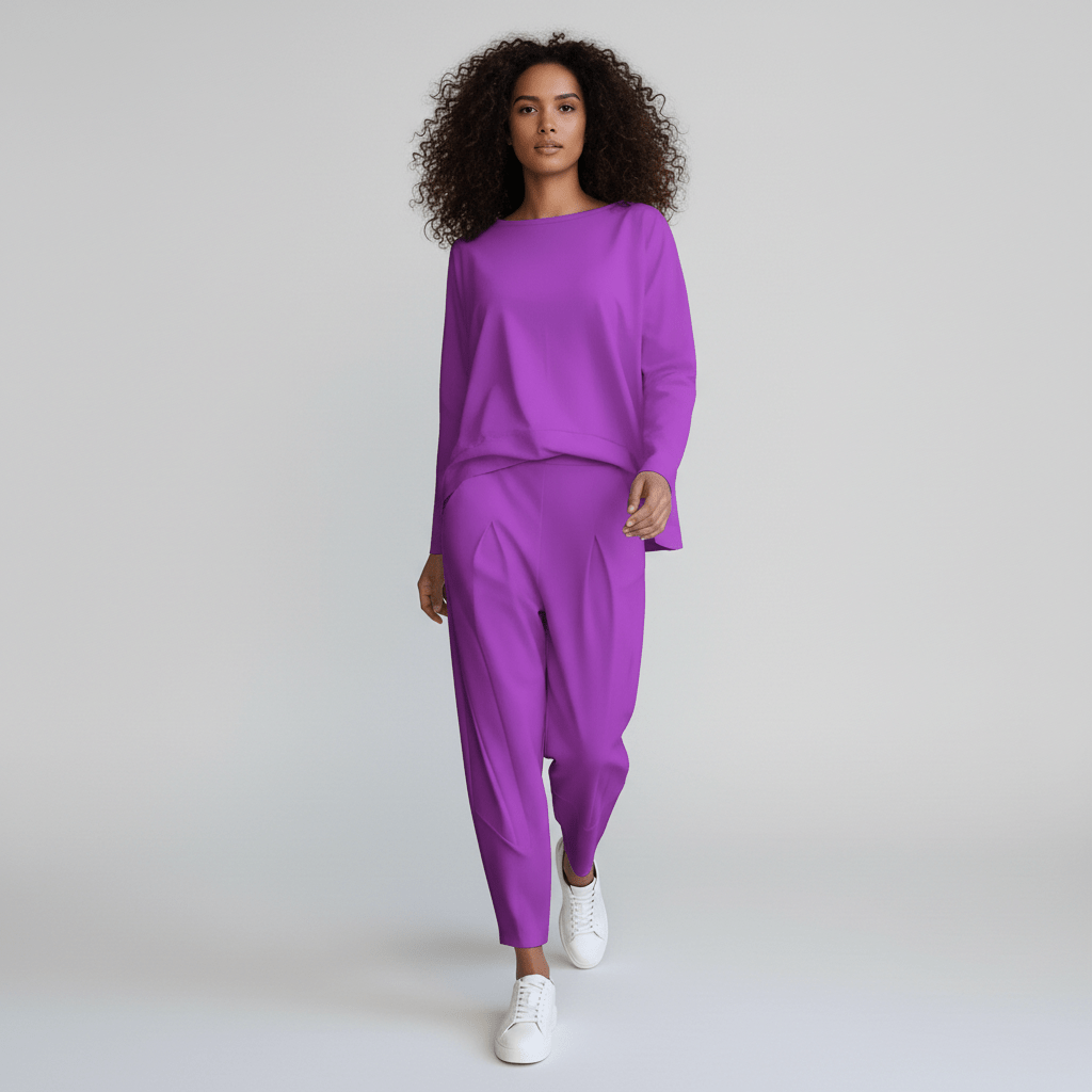 Delphine Two Piece Set with Round Neck Top and Tapered Pants - Violet Purple