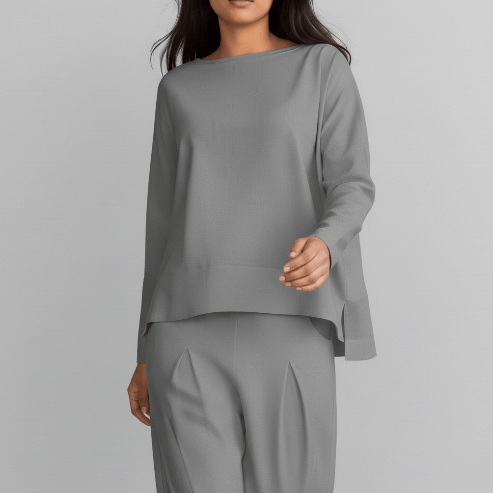 Delphine Two Piece Set with Round Neck Top and Tapered Pants
