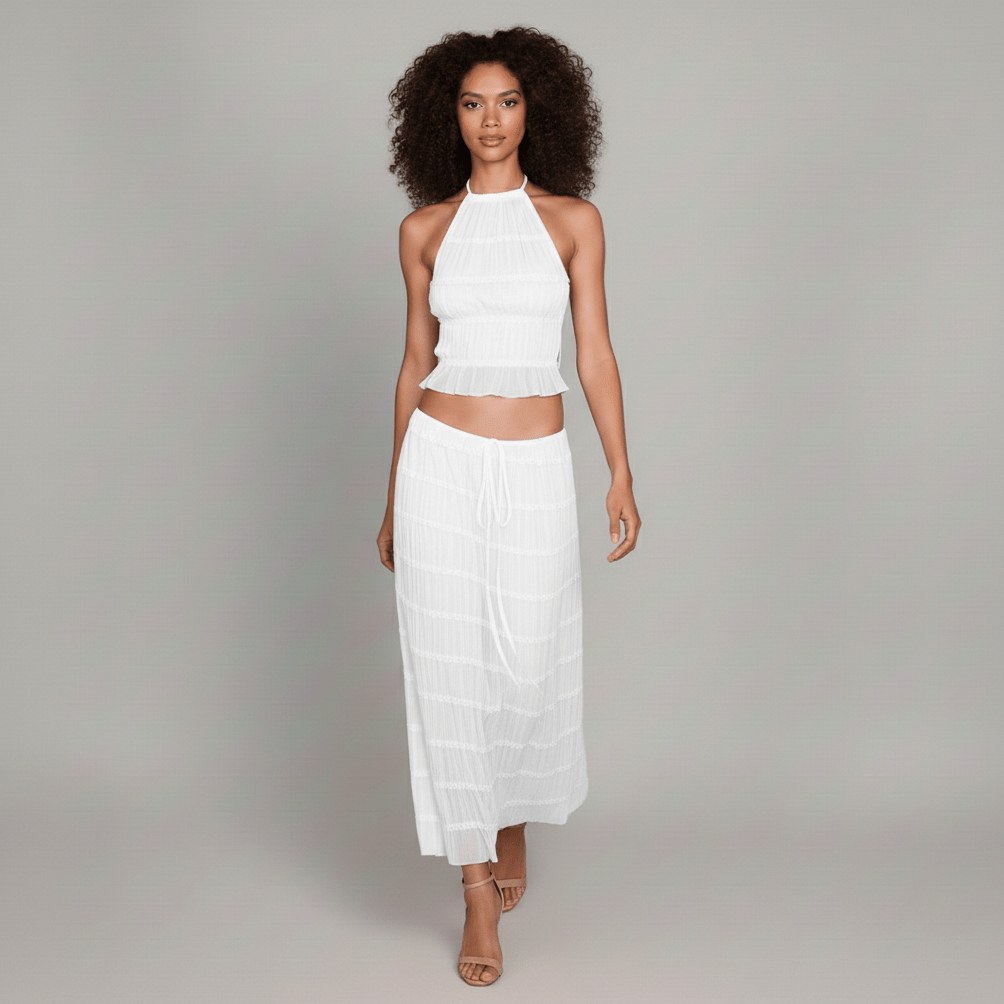 Edeline Halter Neck Two Piece Set with Crop Top and Maxi Skirt - Pearl White