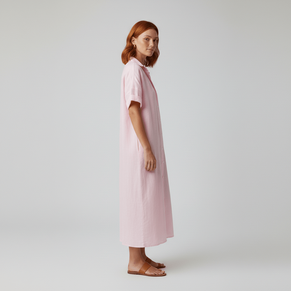 Elin Button Down Shirt Maxi Dress for Women with Short Sleeves