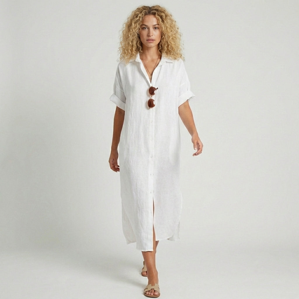 Elin Button Down Shirt Maxi Dress for Women with Short Sleeves - Pure White