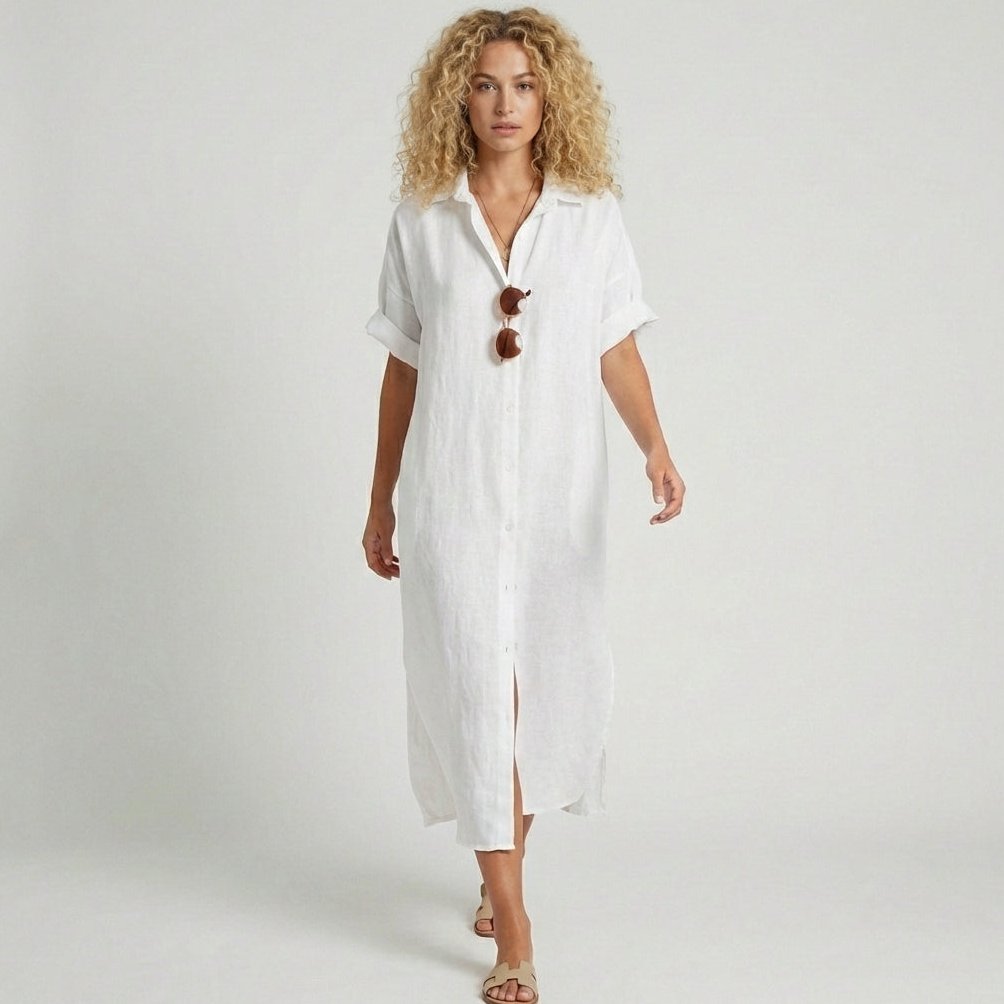Elin Button Down Shirt Maxi Dress for Women with Short Sleeves - Pure White