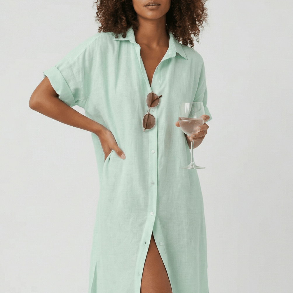 Elin Button Down Shirt Maxi Dress for Women with Short Sleeves