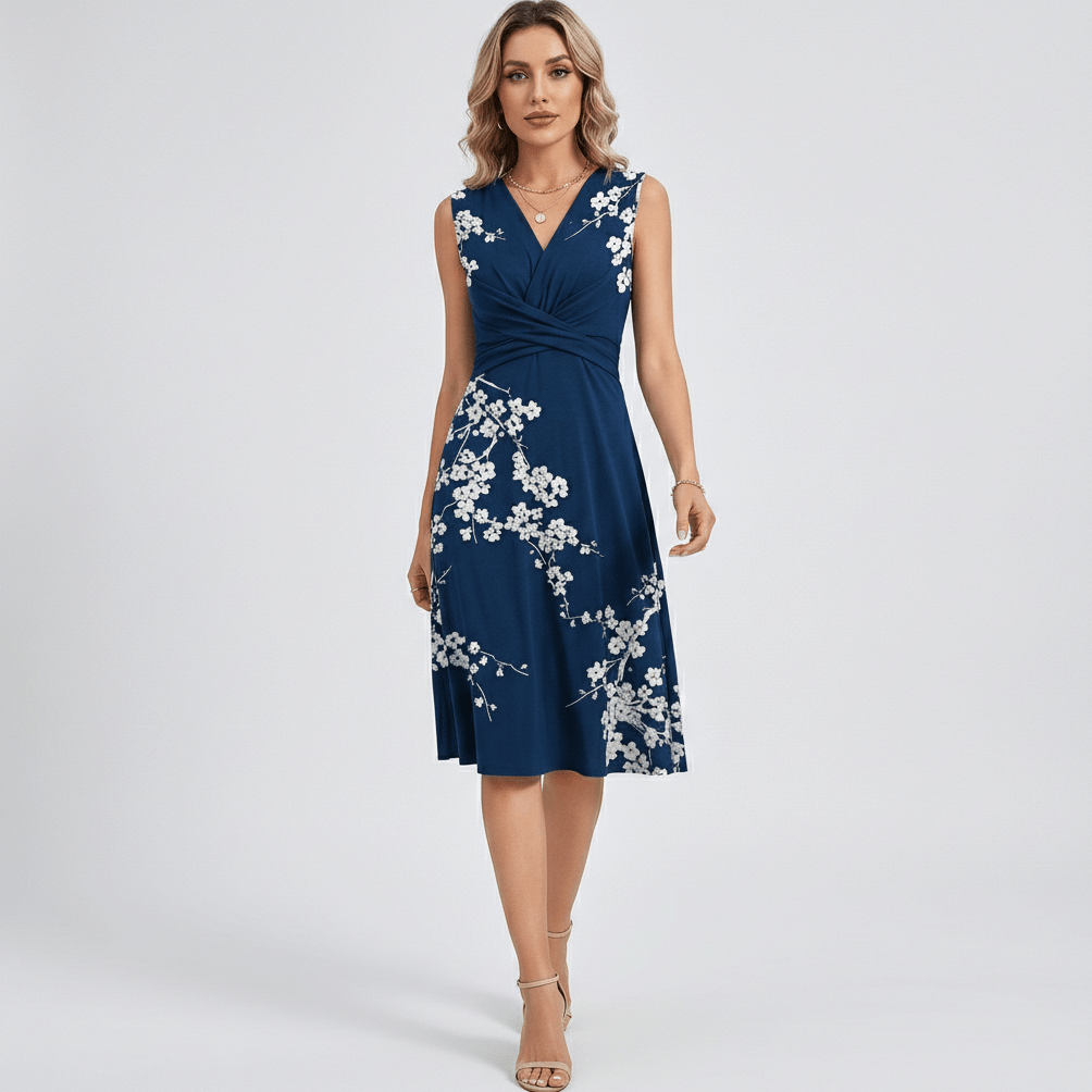 Emily Sleeveless Midi Dress with V-Neck and Twist Waist
