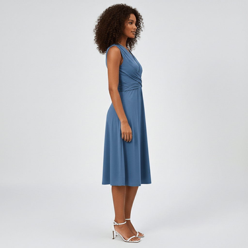 Emily Sleeveless Midi Dress with V-Neck and Twist Waist