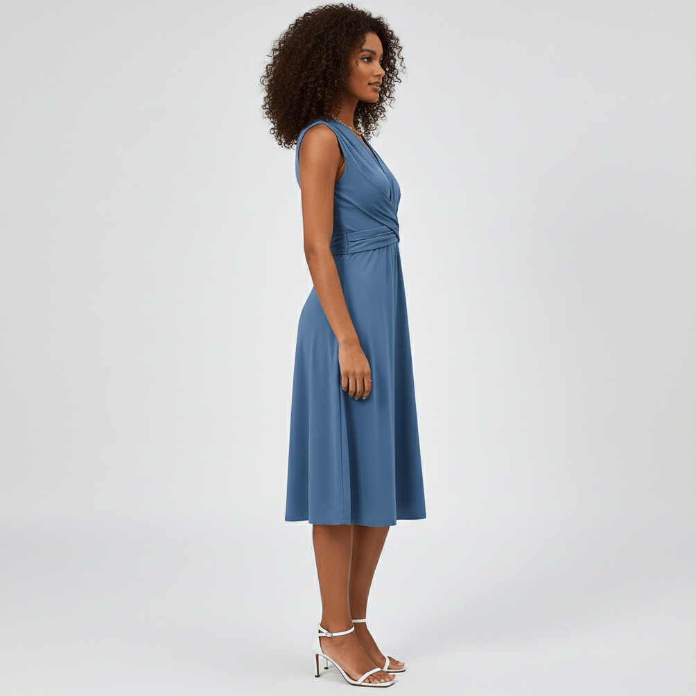 Emily Sleeveless Midi Dress with V-Neck and Twist Waist