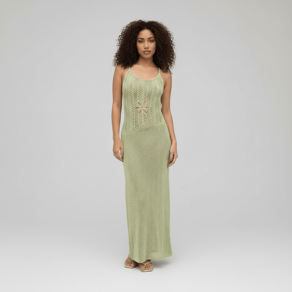 Eva Green Crochet Knit Maxi Dress with Scoop Neck