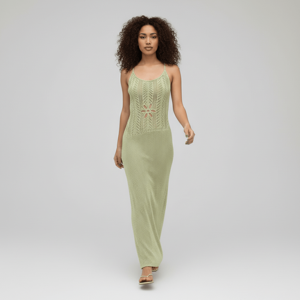 Eva Green Crochet Knit Maxi Dress with Scoop Neck
