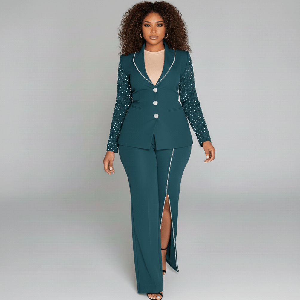 Everly Two Piece Set Pearl Detail Blazer and Split Pants - Deep Turquoise