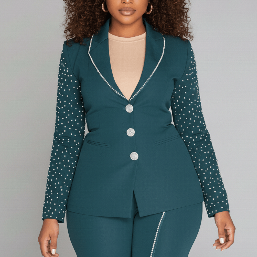 Everly Two Piece Set Pearl Detail Blazer and Split Pants