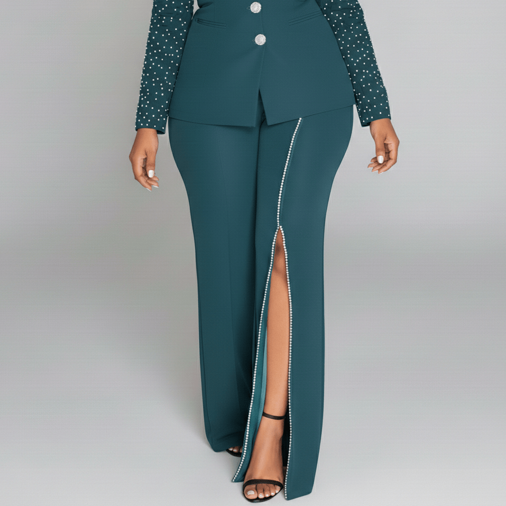 Everly Two Piece Set Pearl Detail Blazer and Split Pants