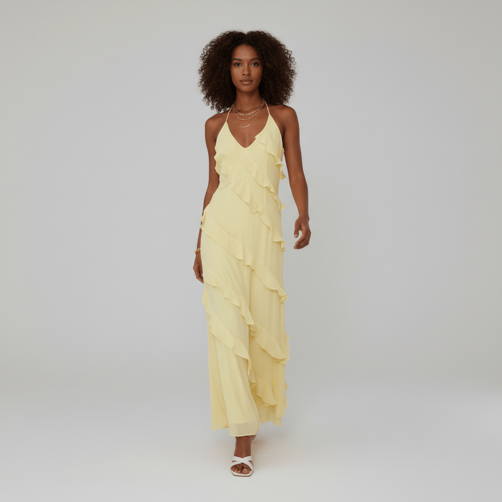 Francesca Halter Neck Ruffle Maxi Dress for Women with V-Neck