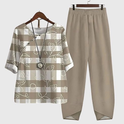 Hallie Printed Top and Trouser Co-ord Set for Women - Stone Beige