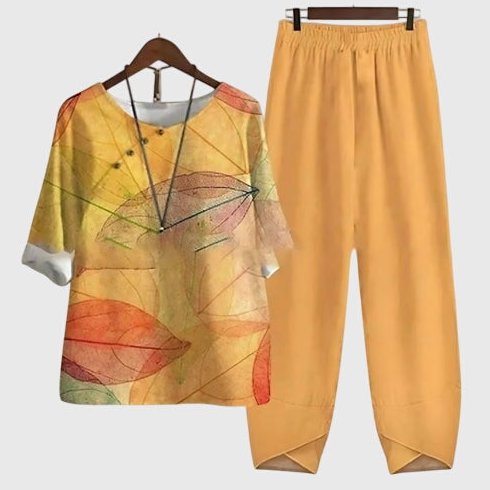 Hallie Printed Top and Trouser Co-ord Set for Women - Golden Yellow