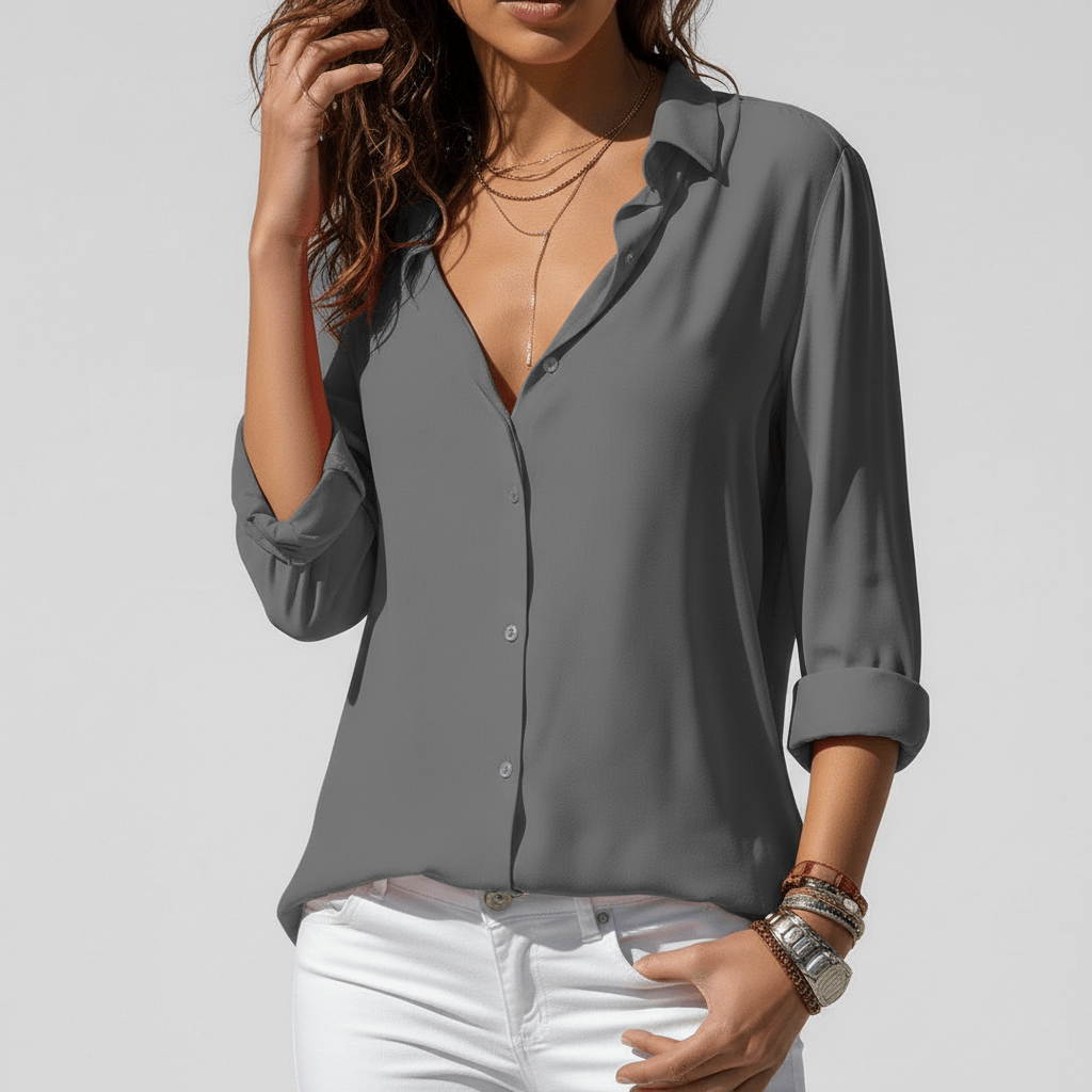 Joyce Button-Up Long Sleeve Blouse with Shirt Collar - Classic Gray