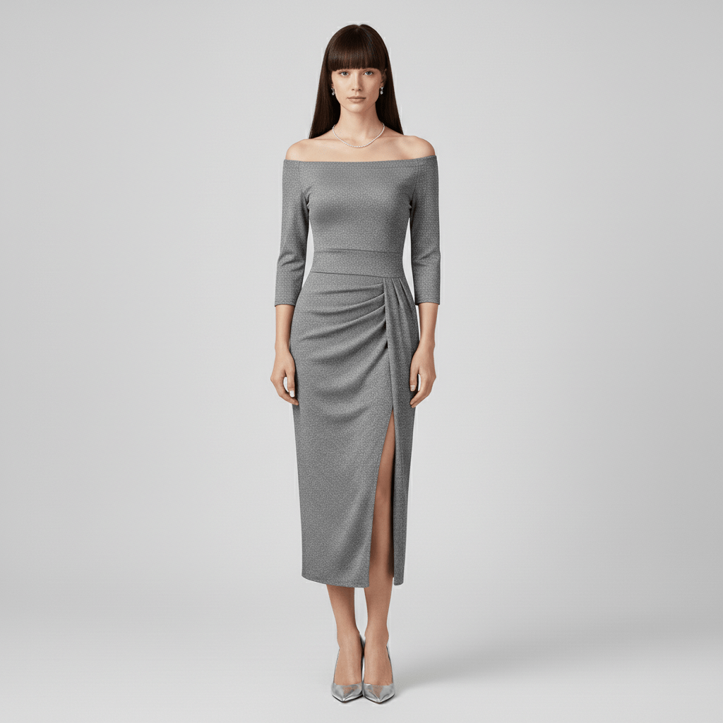 Keri Elegant Off-Shoulder Wedding Guest Dress - Silver Gray