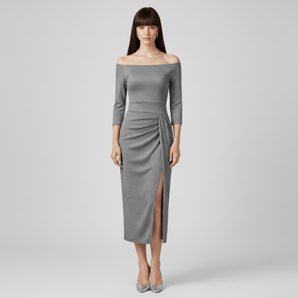 Keri Elegant Off-Shoulder Wedding Guest Dress - Silver Gray