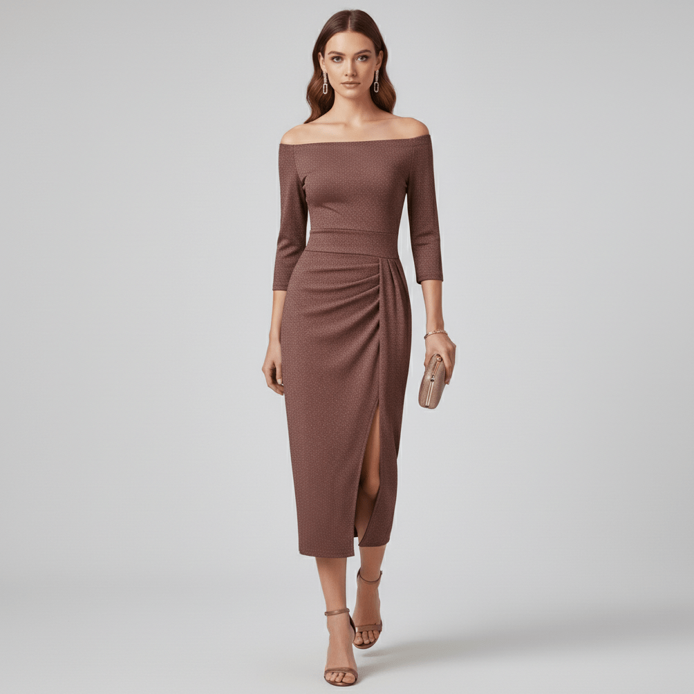 Keri Elegant Off-Shoulder Wedding Guest Dress - Coffee Brown