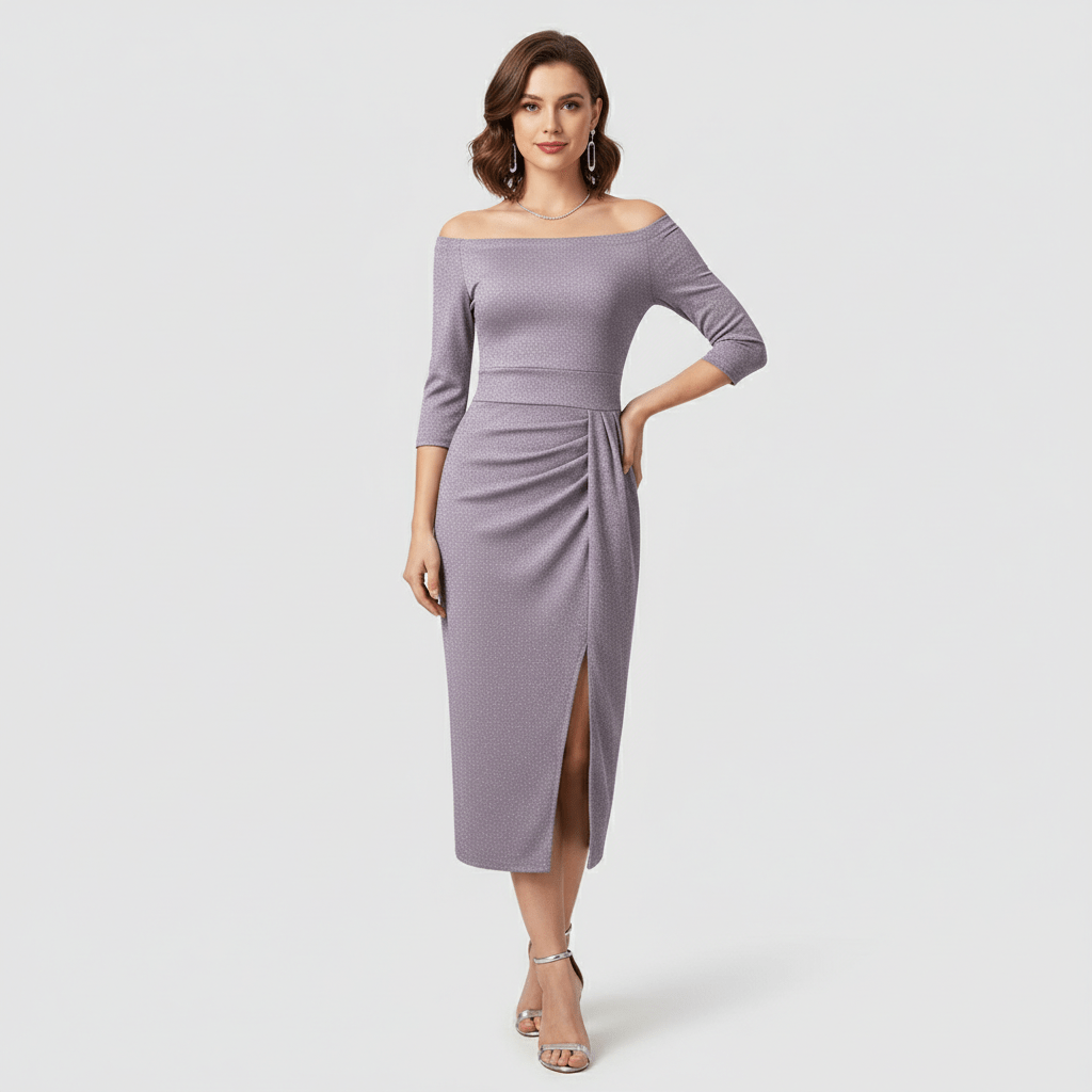 Keri Elegant Off-Shoulder Wedding Guest Dress - Lavender Purple