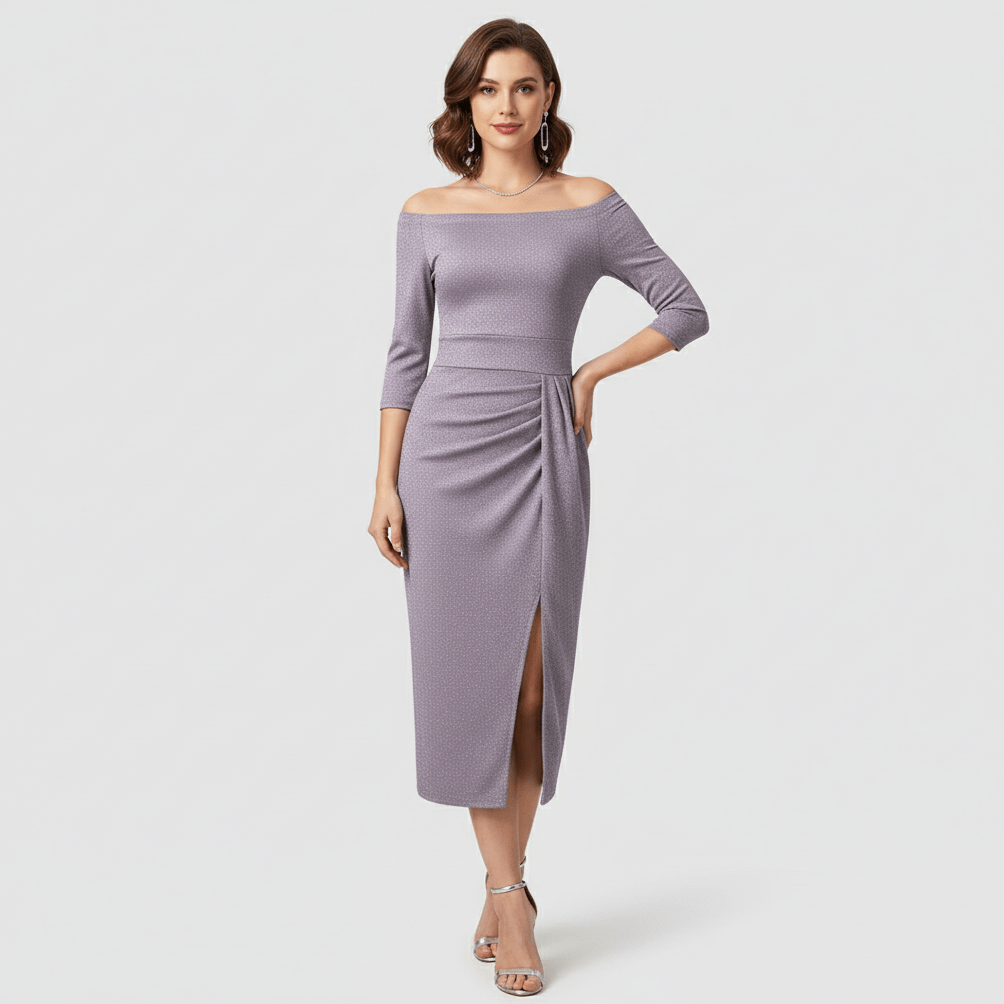 Keri Elegant Off-Shoulder Wedding Guest Dress - Lavender Purple