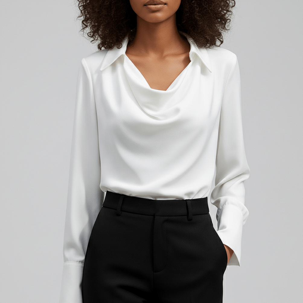 Lenora Cowl Neck Blouse with Long Sleeves for Women - Crisp White