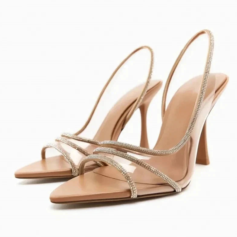 Liana Open Toe Rhinestone Strap Heels with Clear PVC Panel - Crystal Clear