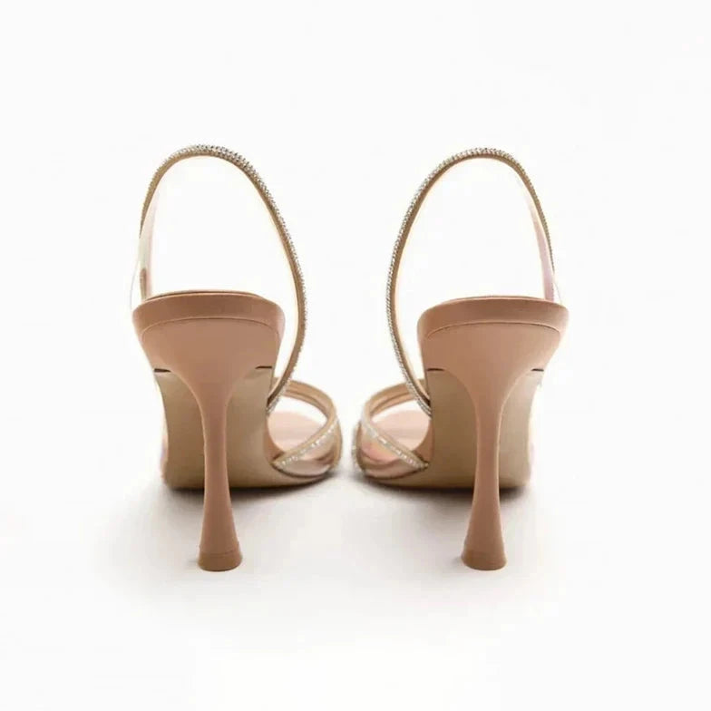 Liana Open Toe Rhinestone Strap Heels with Clear PVC Panel