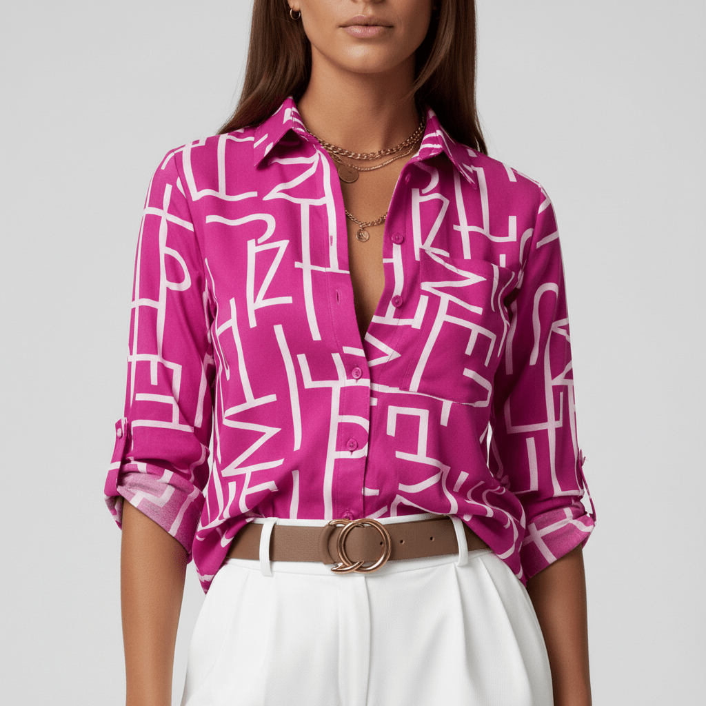 Lily Relaxed Fit Printed Button Blouse with Collar - Hot Pink