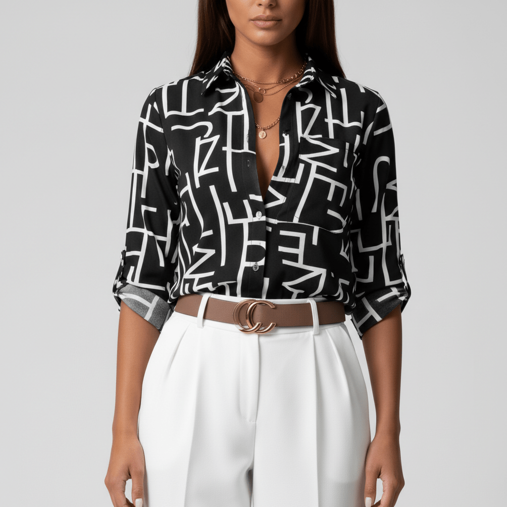Lily Relaxed Fit Printed Button Blouse with Collar - Deep Black